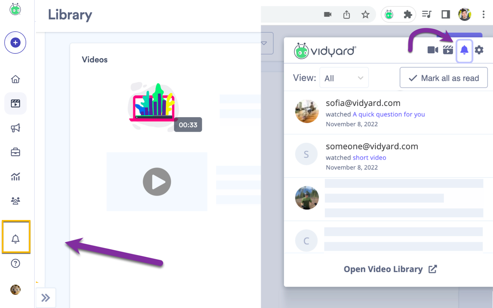 Vidyard extension and library notification feeds showing video views and viewers