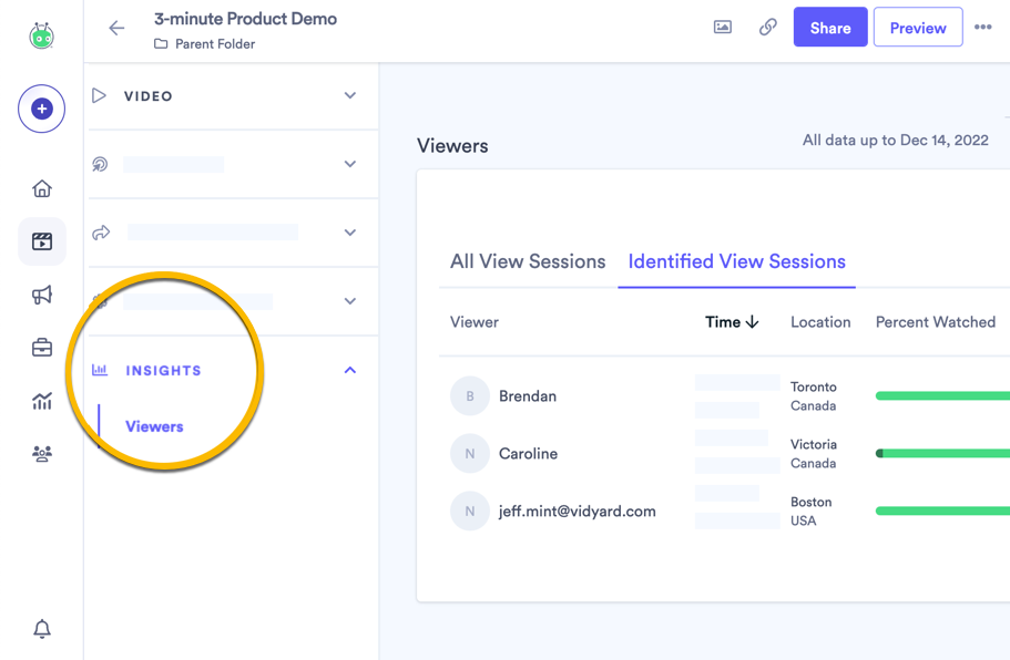 On the video edit page, selecting the Insights tab to see viewer analytics