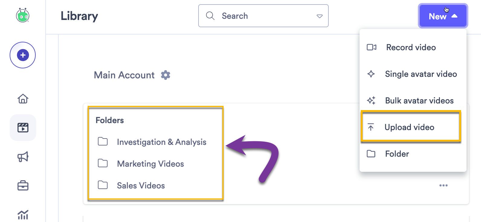 Vidyard library with focus on folder names at top of page, new video dropdown open with upload selected