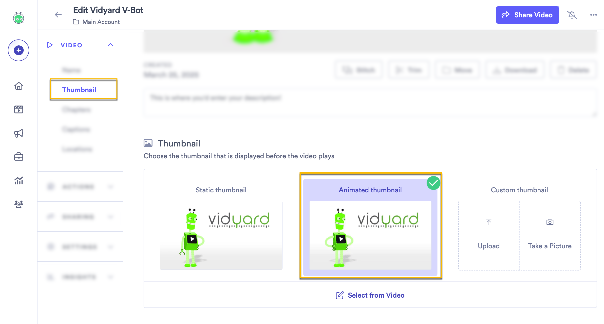 Selecting a static or animated thumbnail from the video edit page
