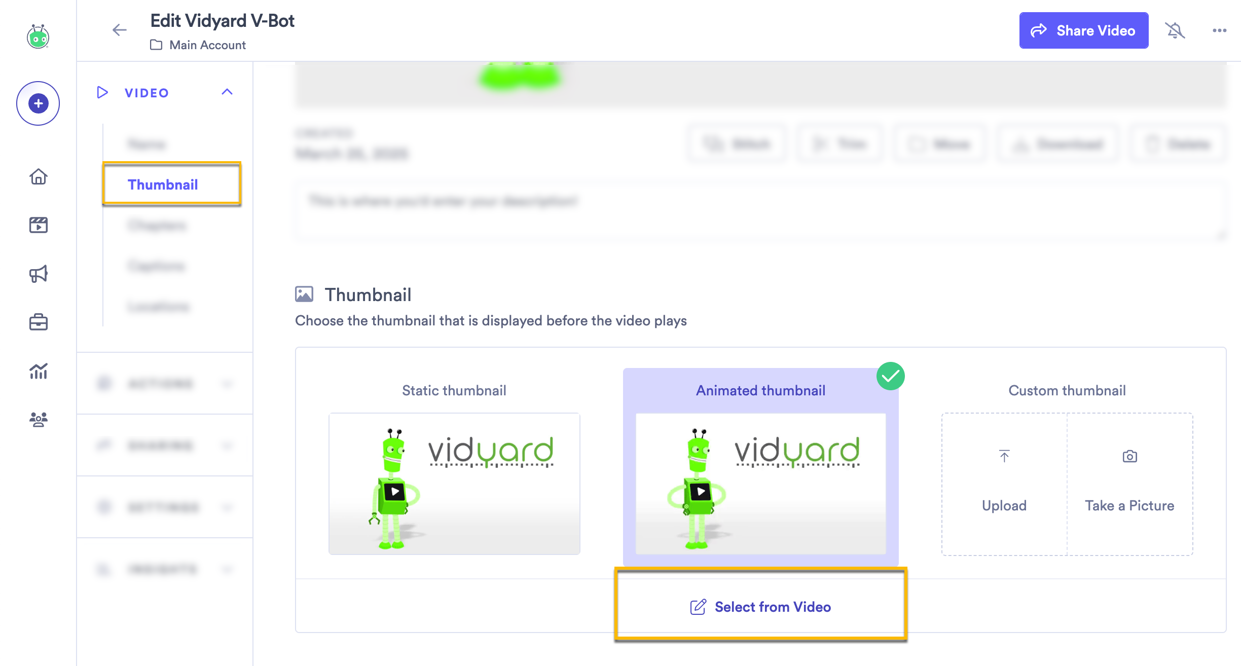 Clicking on the Select from Video option to choose a new thumbnail image from the timeline