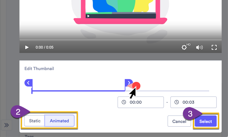 Selecting a thumbnail image from the video timeline