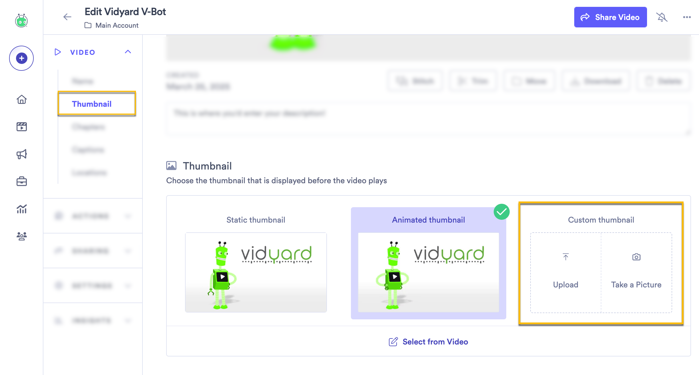 Choosing the Upload or Take a picture options to add a custom thumbnail