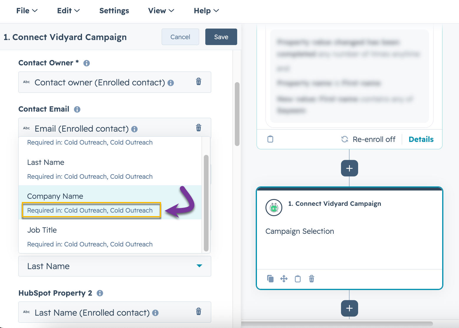 HubSpot Workflow trigger menu with variable selected from dropdown menu