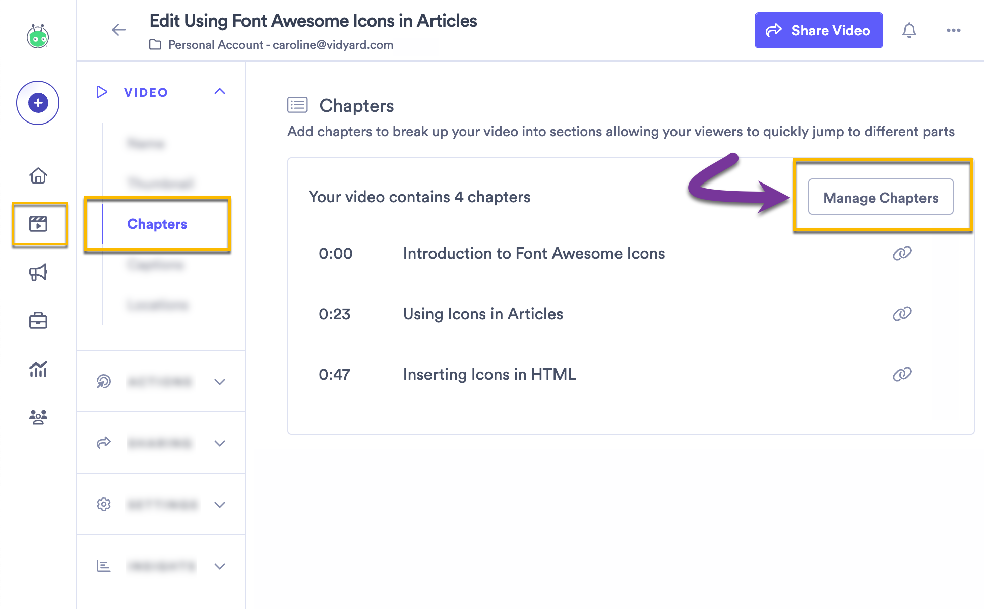 Video edit page with button to manage chapters highlighted