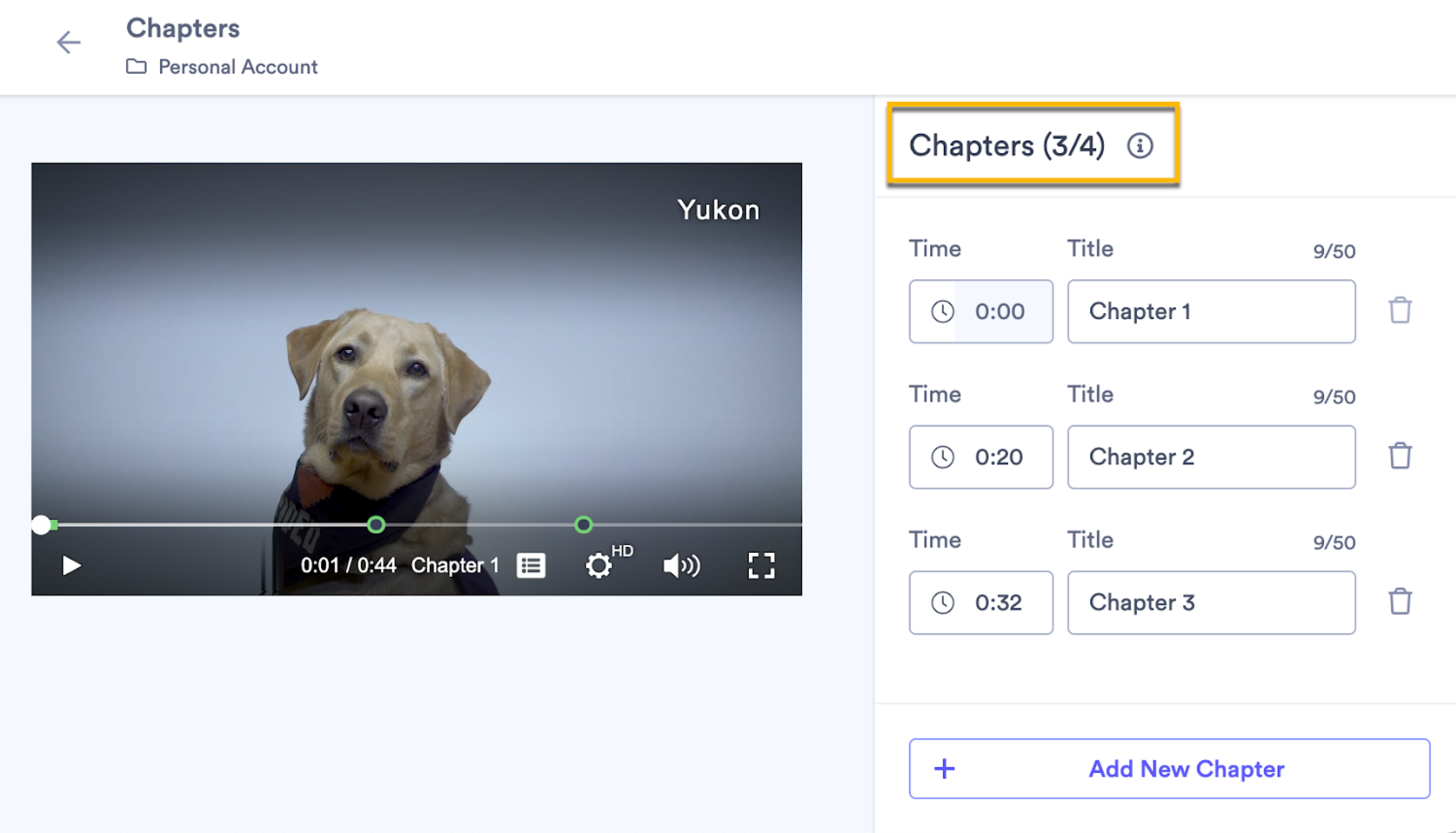 Video chapter edit page showing maximum amount of chapters at top right