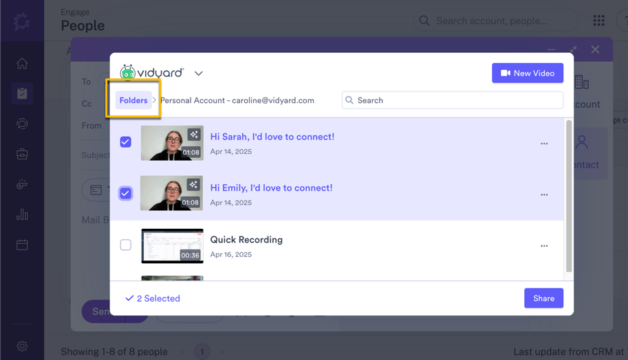 Selecting the folders breadcrumb menu to access videos a shared team folder