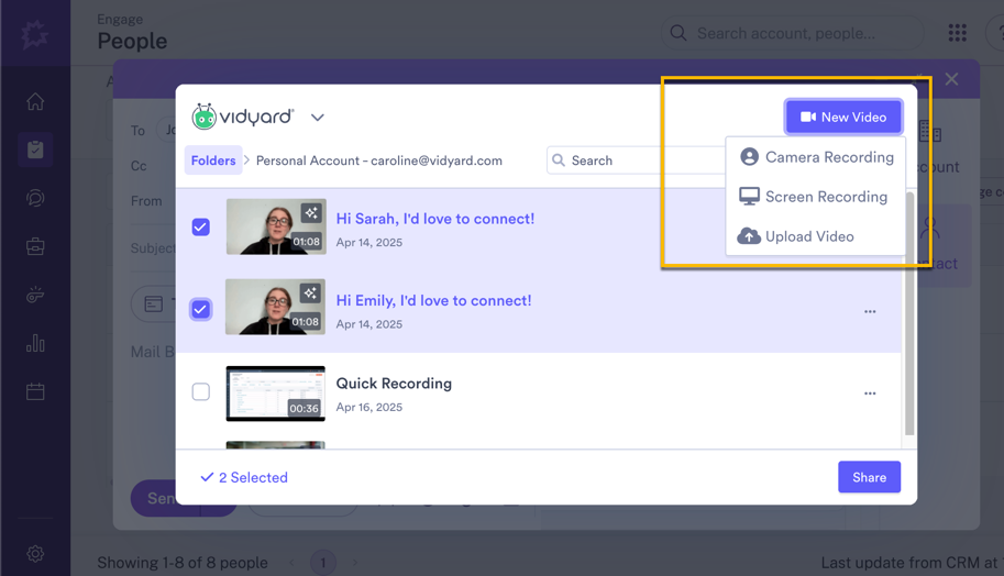Vidyard app in Gong open with options for creating AI video or new video recording highlighted