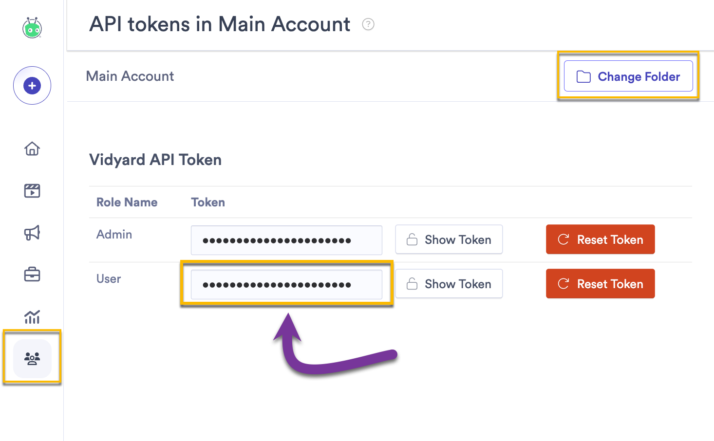 Copying an API Token in Vidyard
