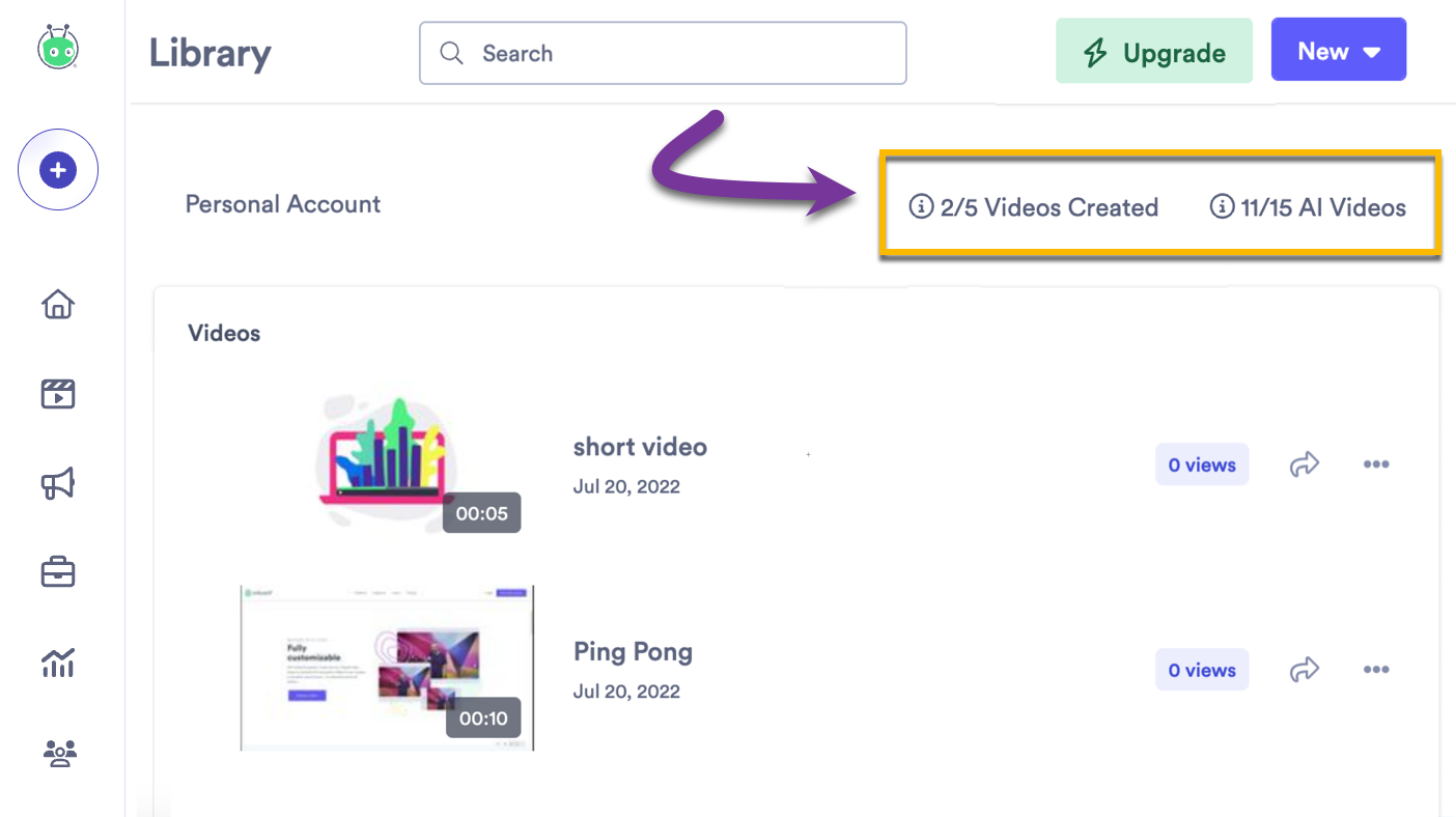 Your video usage limit in the top-right corner of your library, indicating how many more videos you can create this month