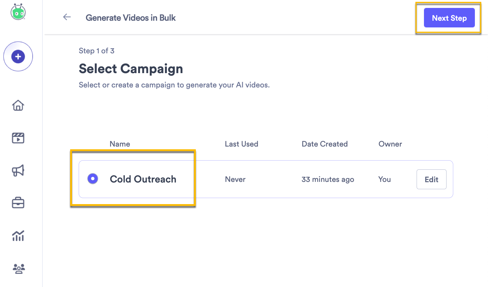 Campaign selection screen with a campaign highlighted in the list and next step button highlighted