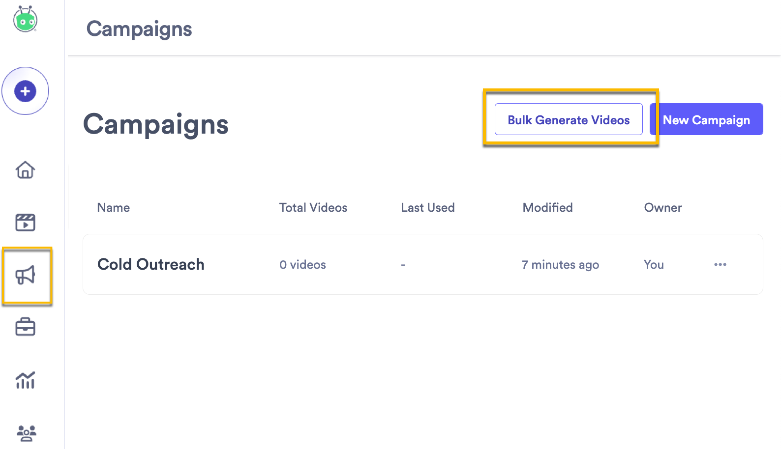 Campaigns page with button to bulk generate videos highlighted