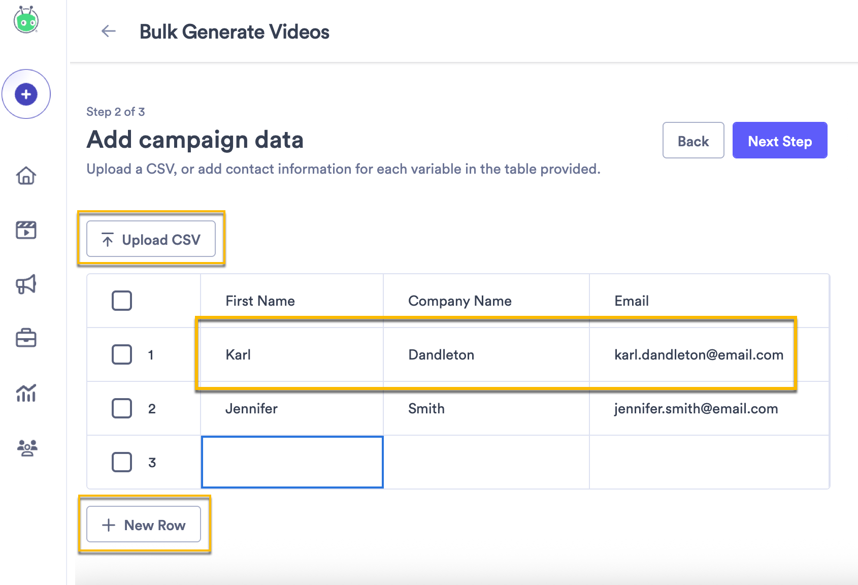 List of contact information to create personalized videos, with options to create new row or upload CSV file highlighted