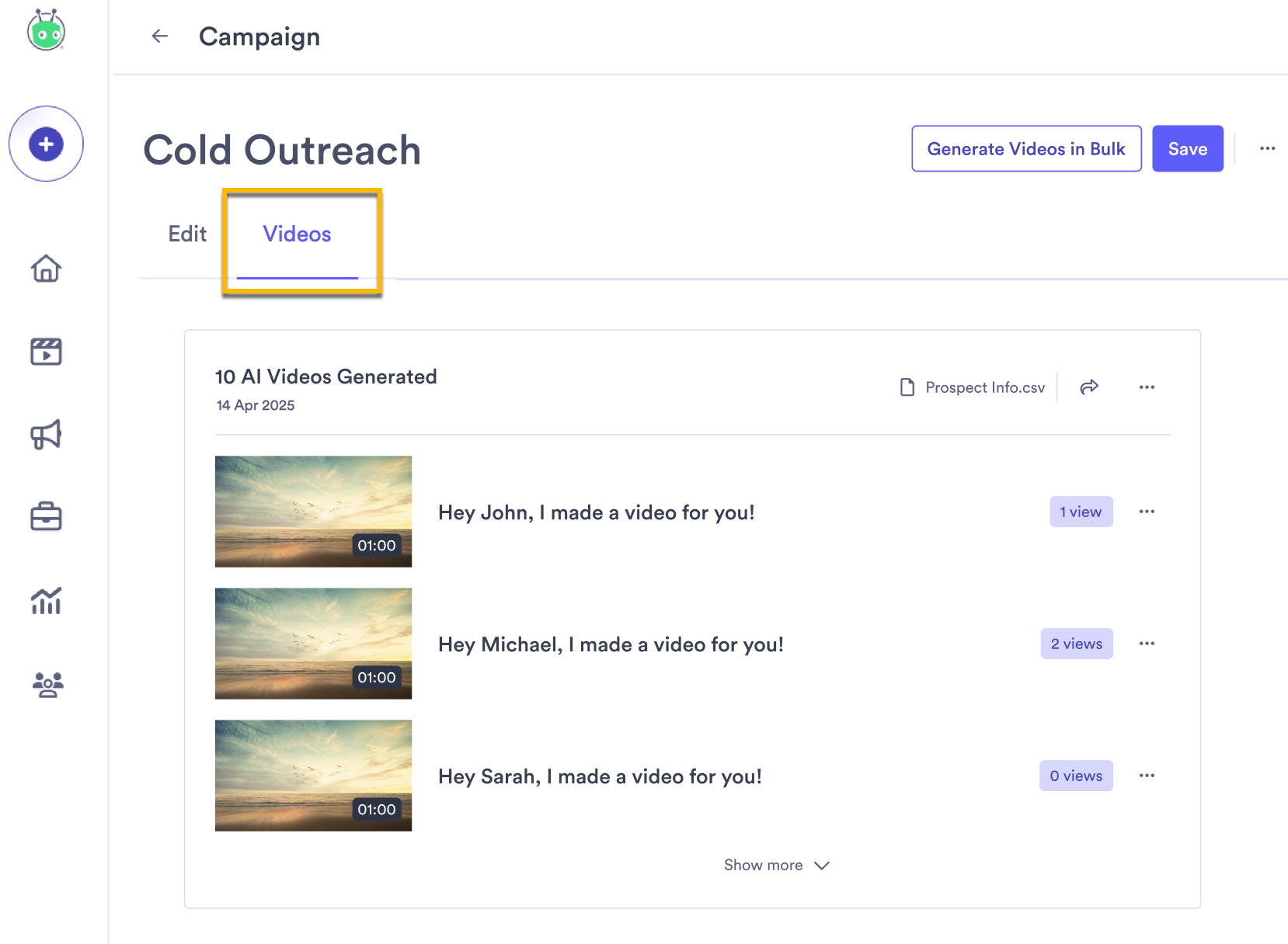 Videos tab of a campaign showing a batch of generated videos with creation information