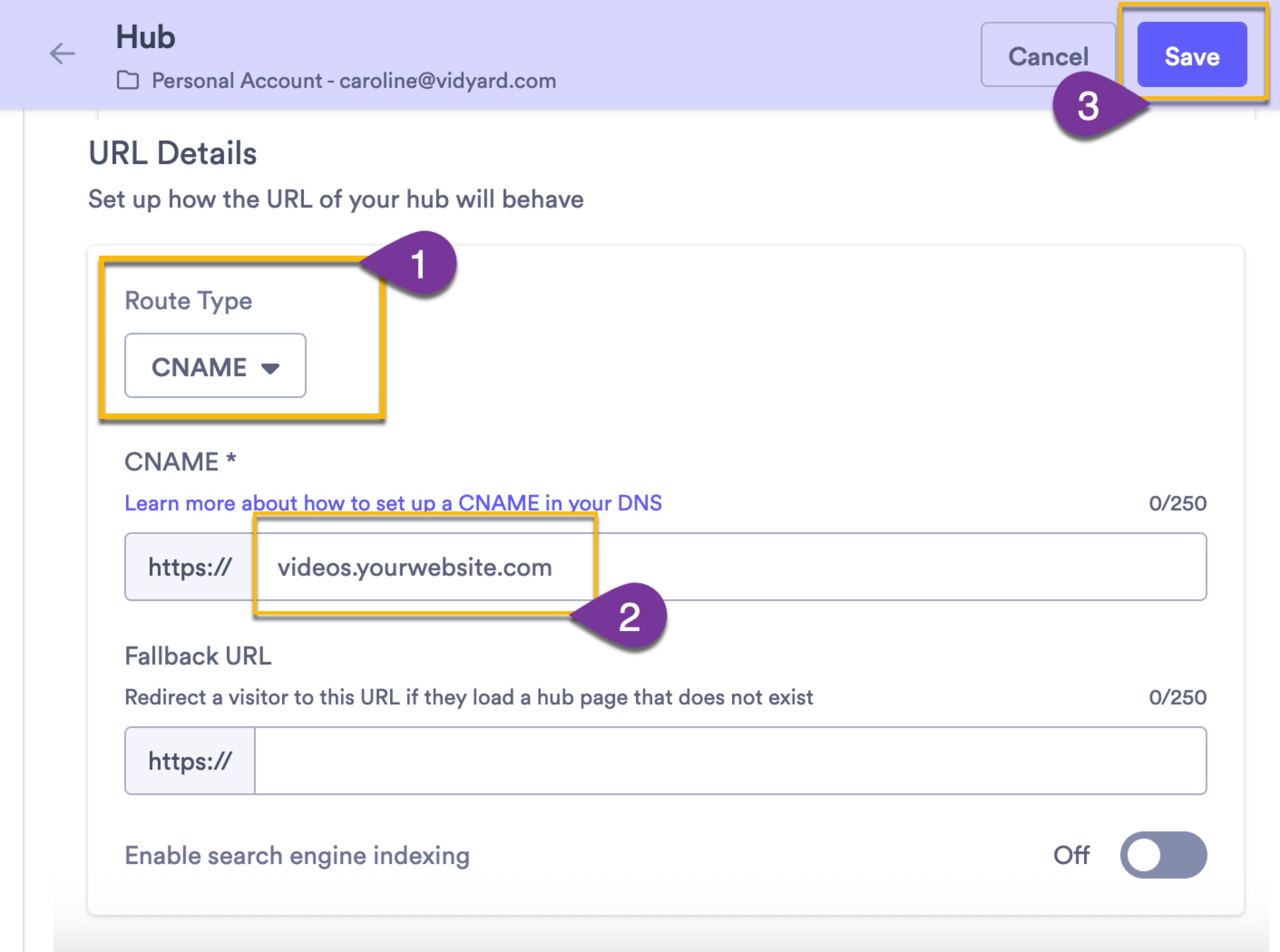 Hub route type changed to CNAME with custom domain entered and save button highlighted
