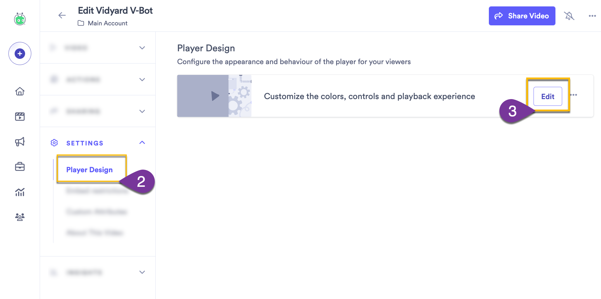 Selecting Edit to change the video's player design settings