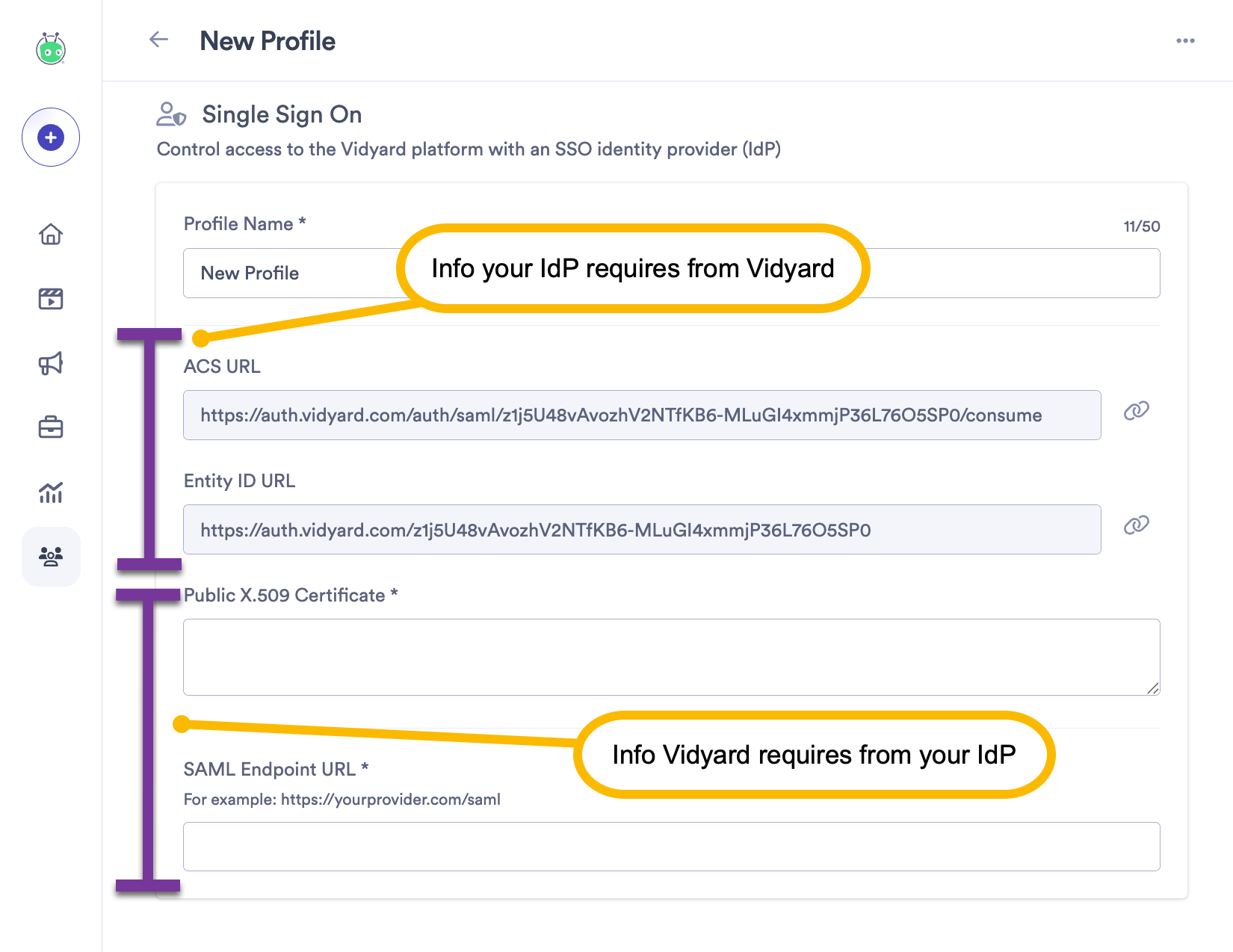 Pasting the X.509 Certificate and SAML Endpoint values from your IdP into the corresponding fields in the new SSO profile
