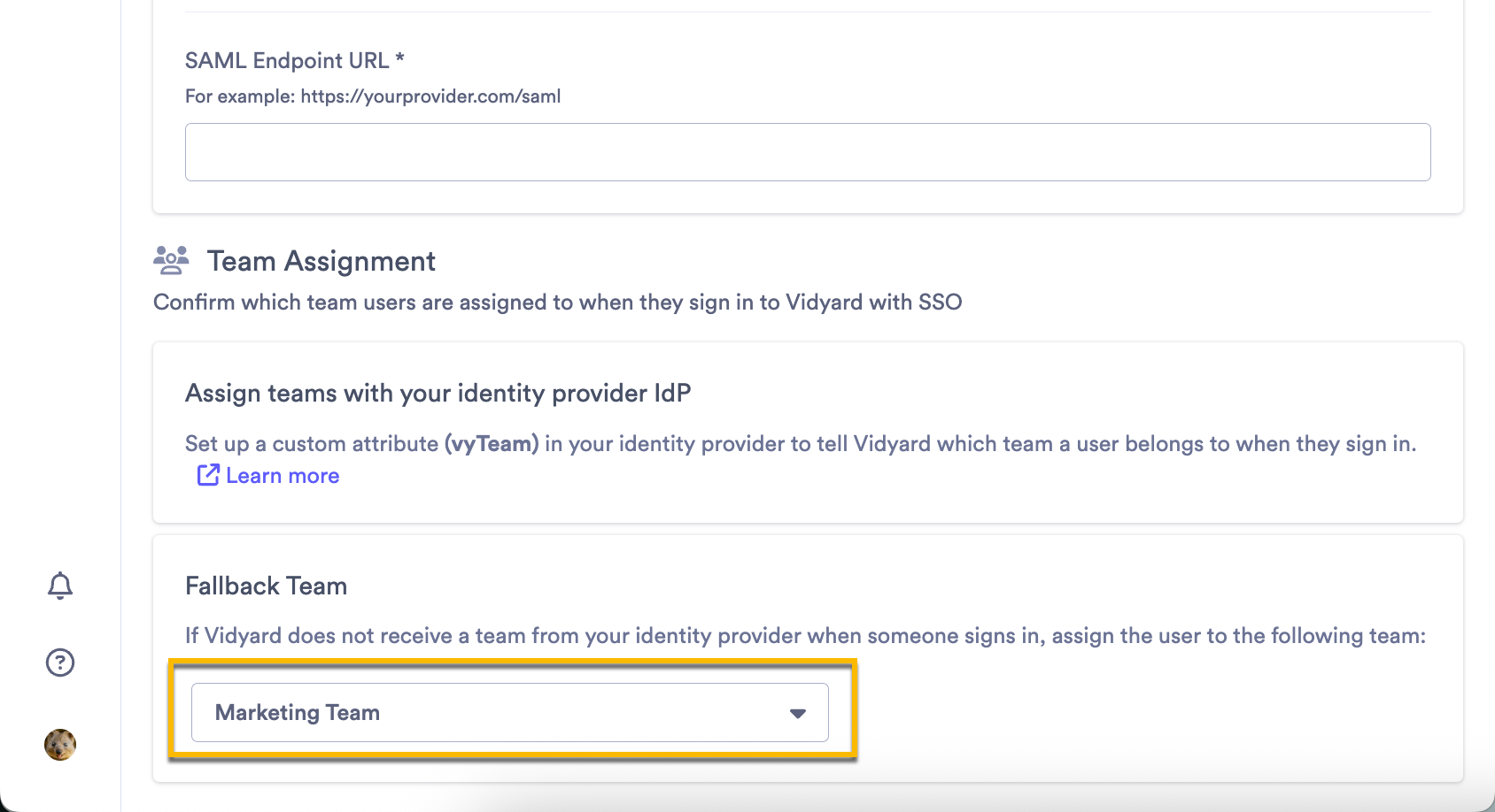Opening the dropdown menu in the Fallback Team section select a team