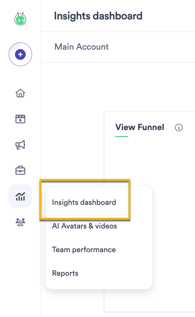 Vidyard main menu with Insights option selected to access Insights dashboard