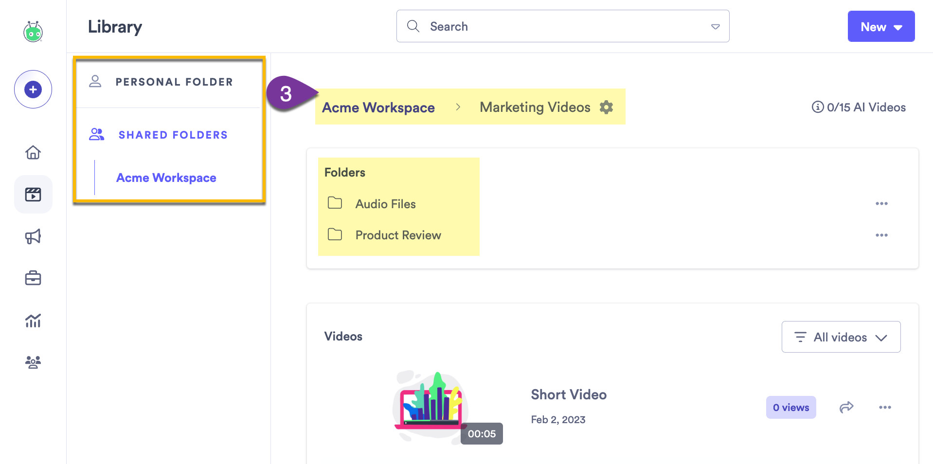 Vidyard library with the folder menu and folder breadcrumbs highlighted