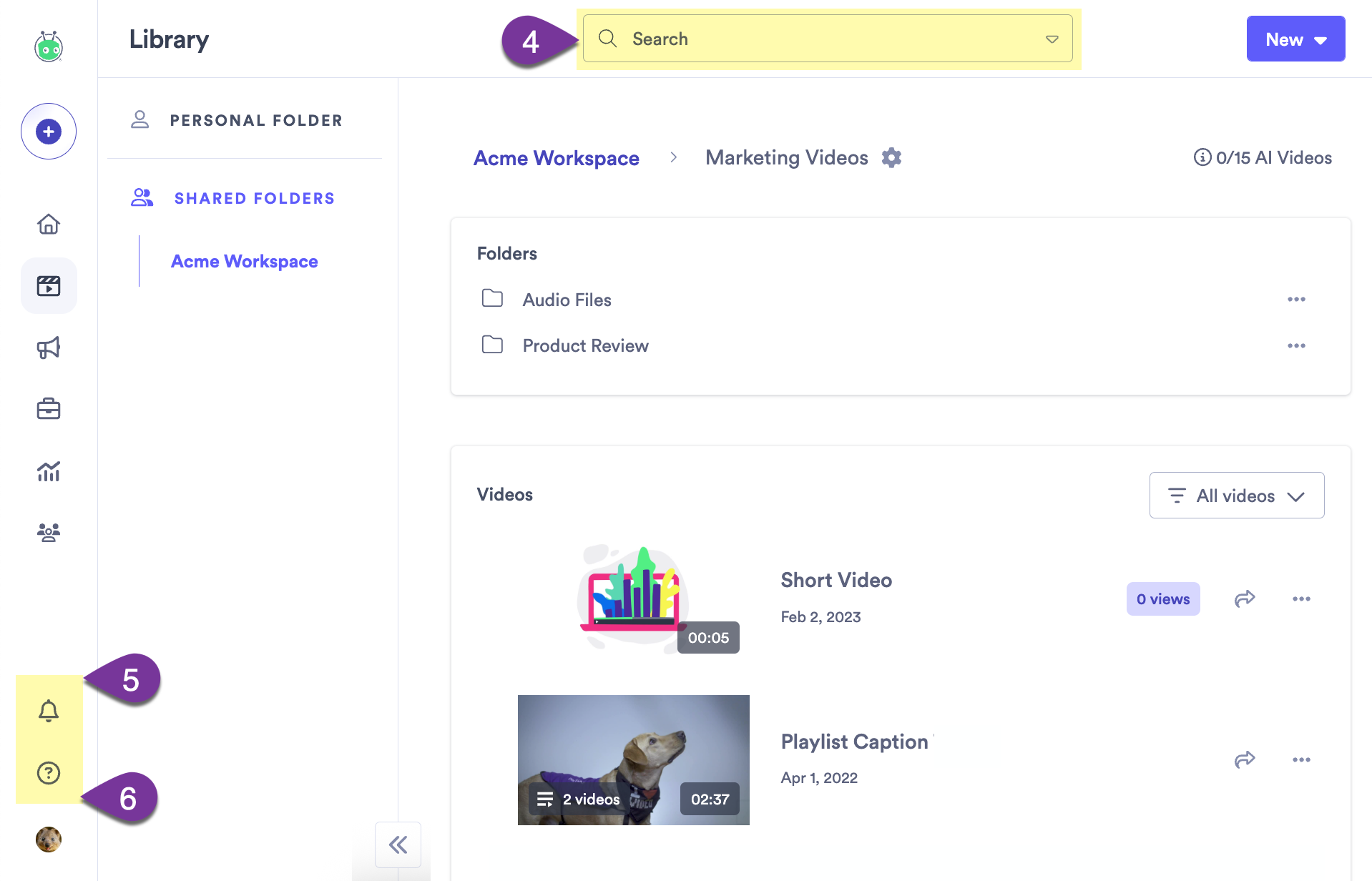 Vidyard library displaying search bar, notifications menu, and Get Help options