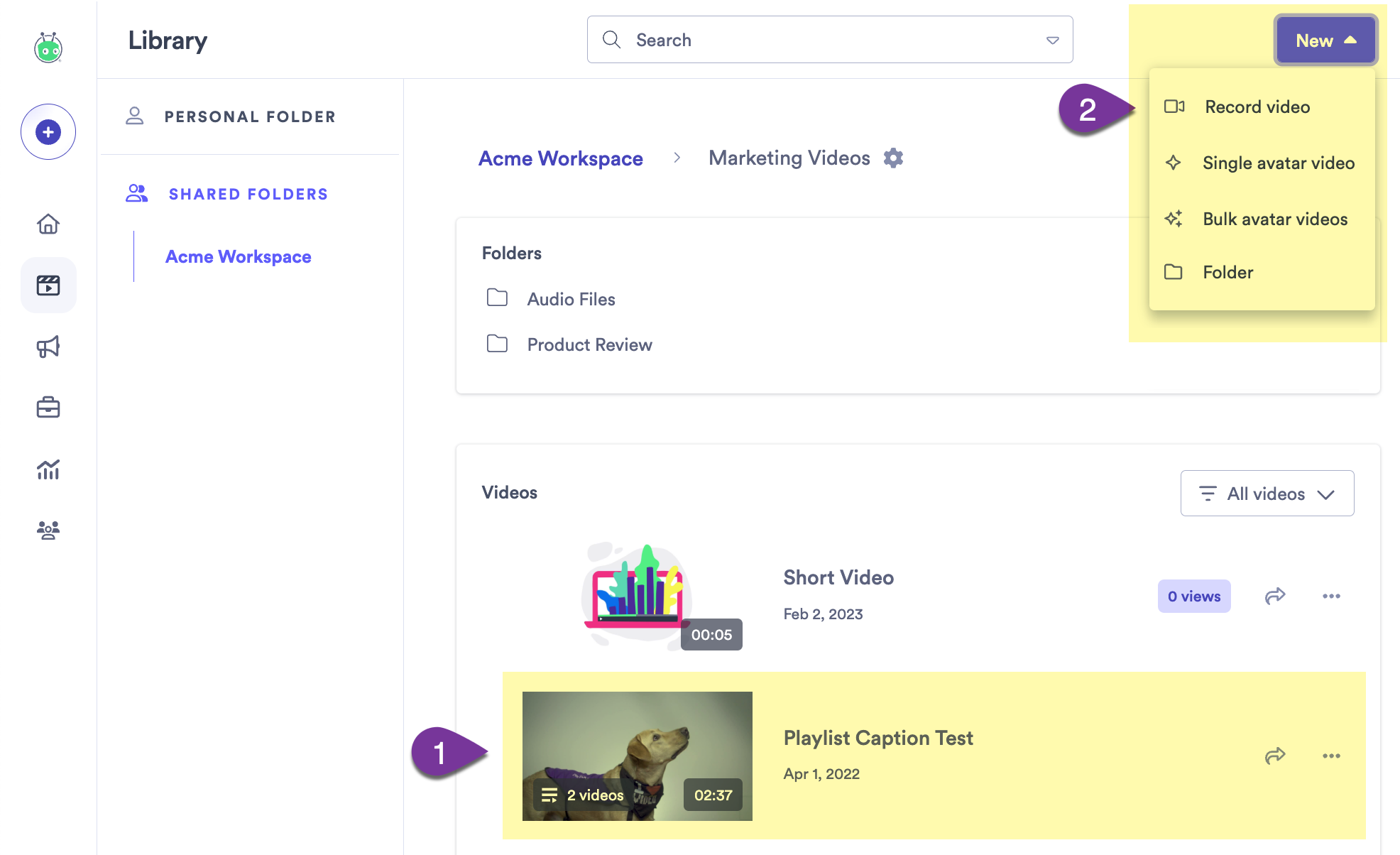 Vidyard's video library with New menu open to display options to record a video, or create a new folder