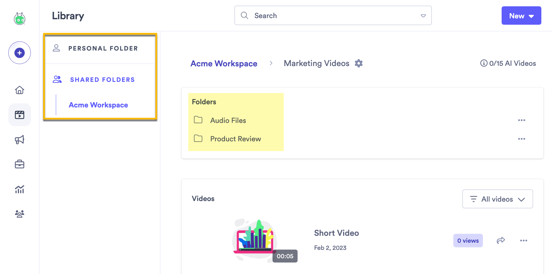 Folder navigation menu with options to select personal or shared folders