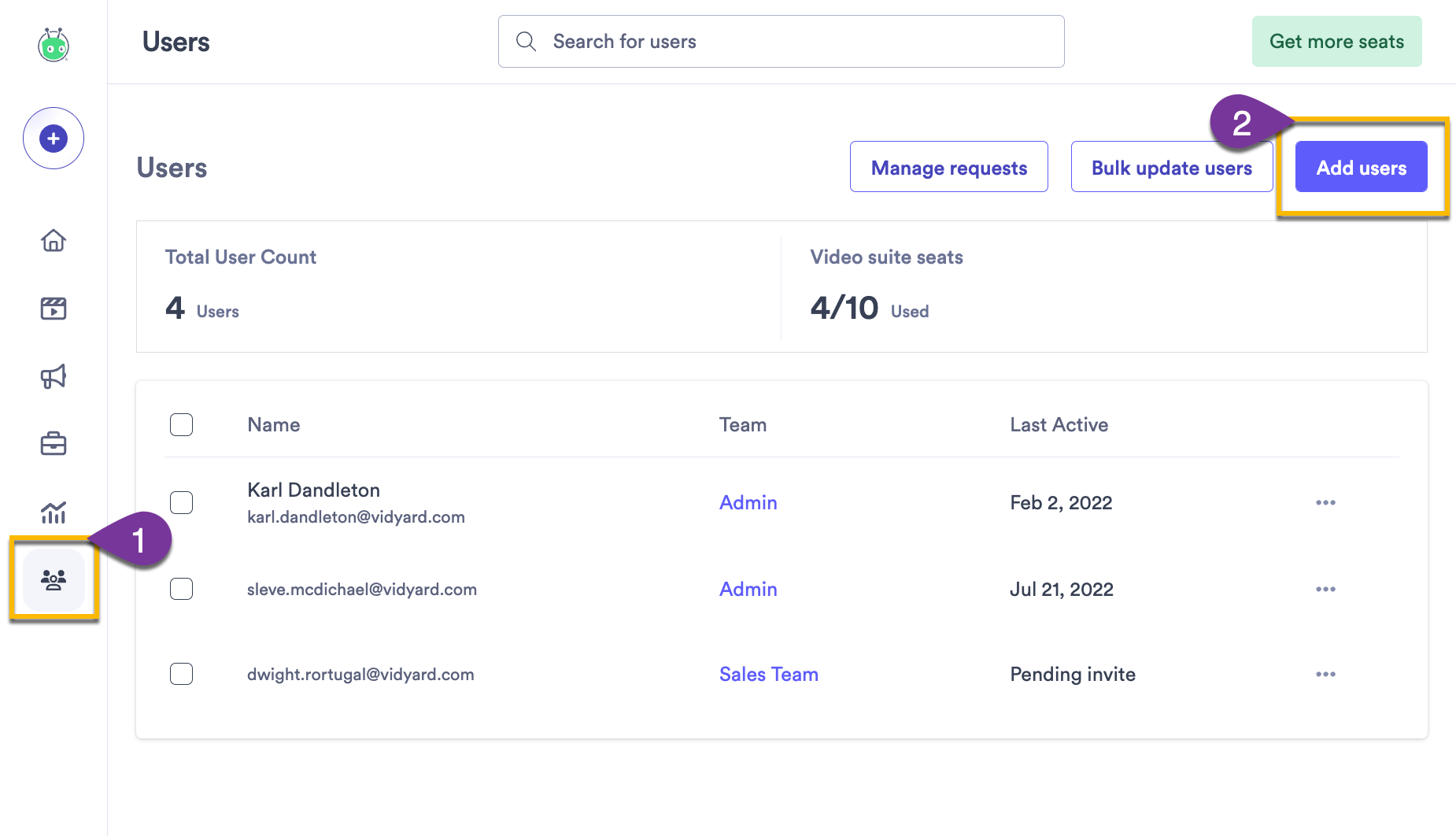 Selecting the Add Users button to invite new users to Vidyard