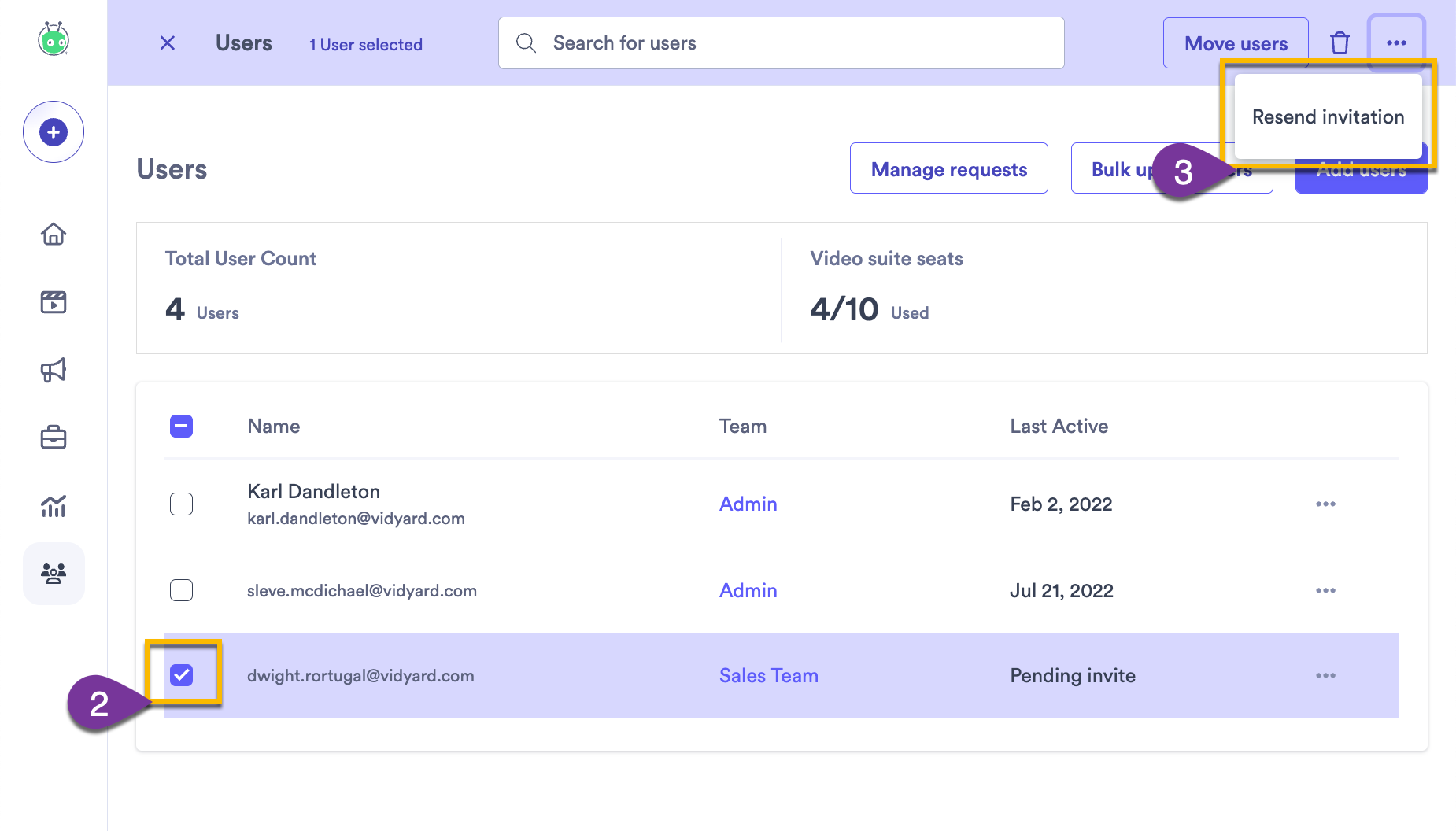 Users list with two users selected, menu button on top right pressed showing resend invitation option