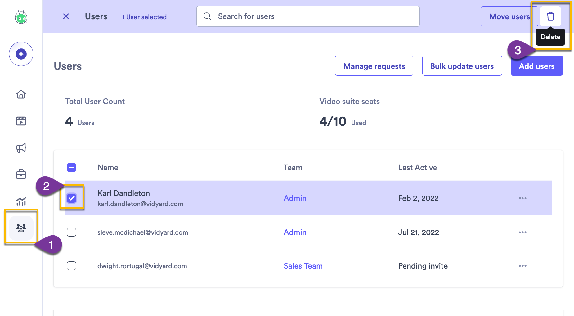 Selecting more than one user and deleting them from Vidyard