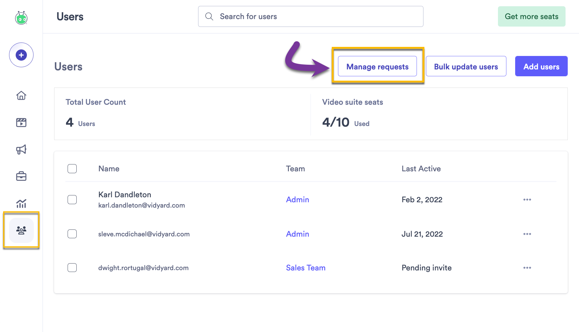 Vidyard user seat request pending section with button to manage incoming requests