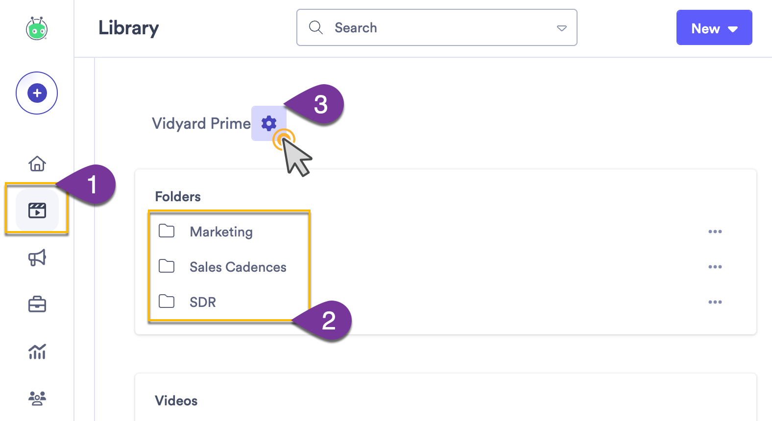 Vidyard library with folders highlighted and settings button selected