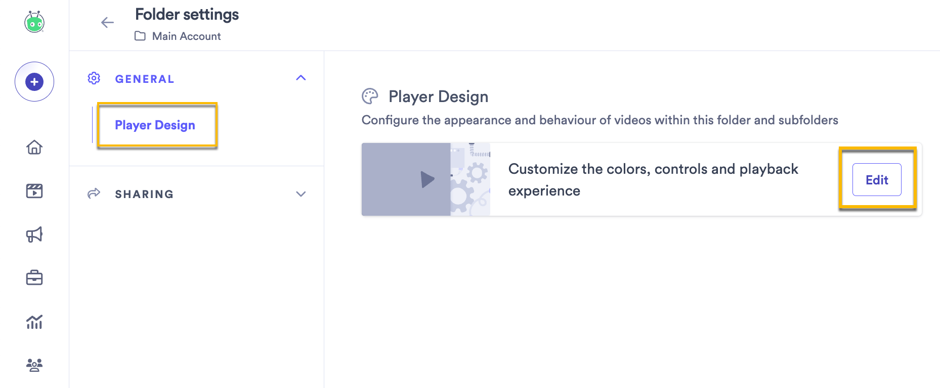 Selecting the Edit button to apply default Player Design settings to all the videos in the folder