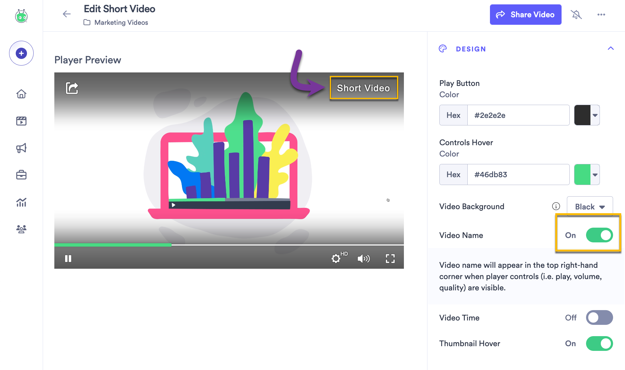 Selecting the Video Name toggle to add the name of the video to the player design