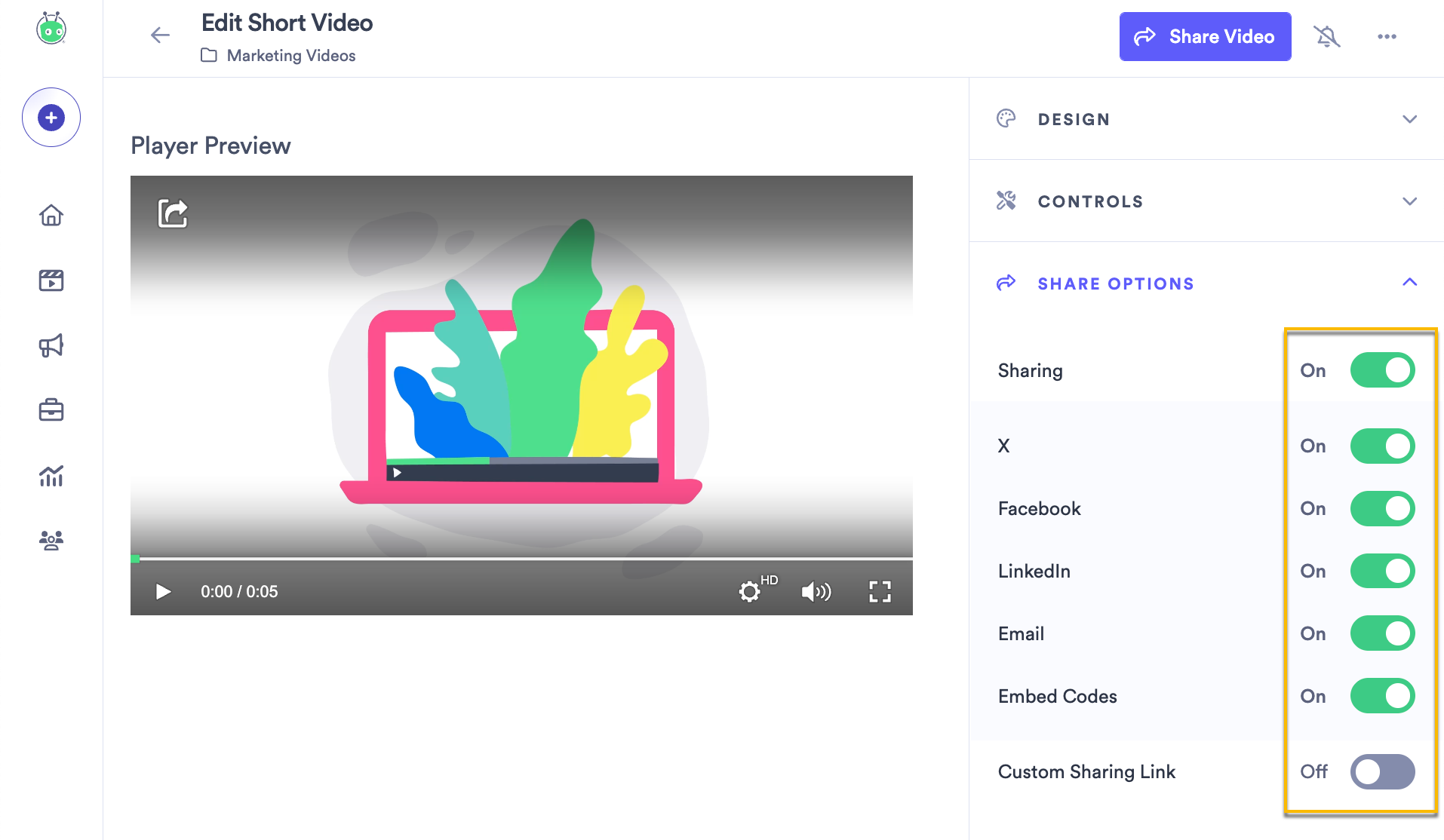 Changing the settings to control which re-sharing options are readily available to your viewers on the player