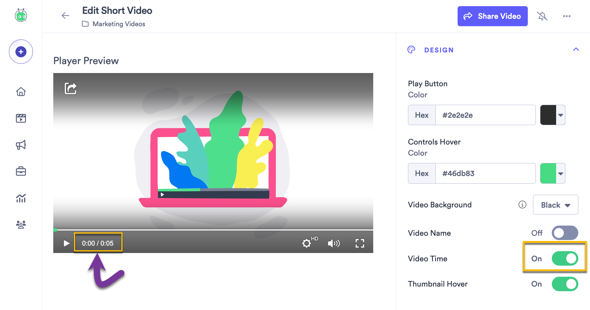Selecting the Video Time settings to show viewers their current play time and the video's total length