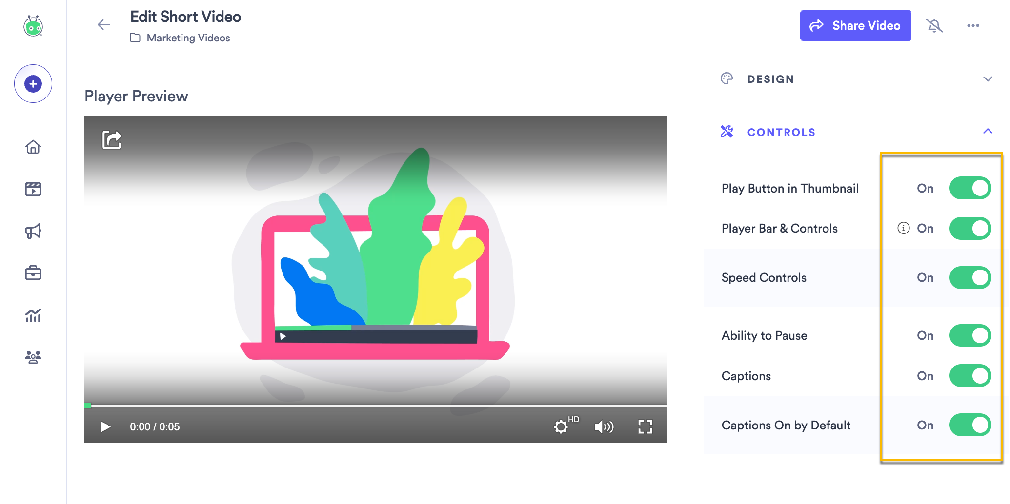 Changing the player control settings to add or remove the ability to speed, control captions, and video speed