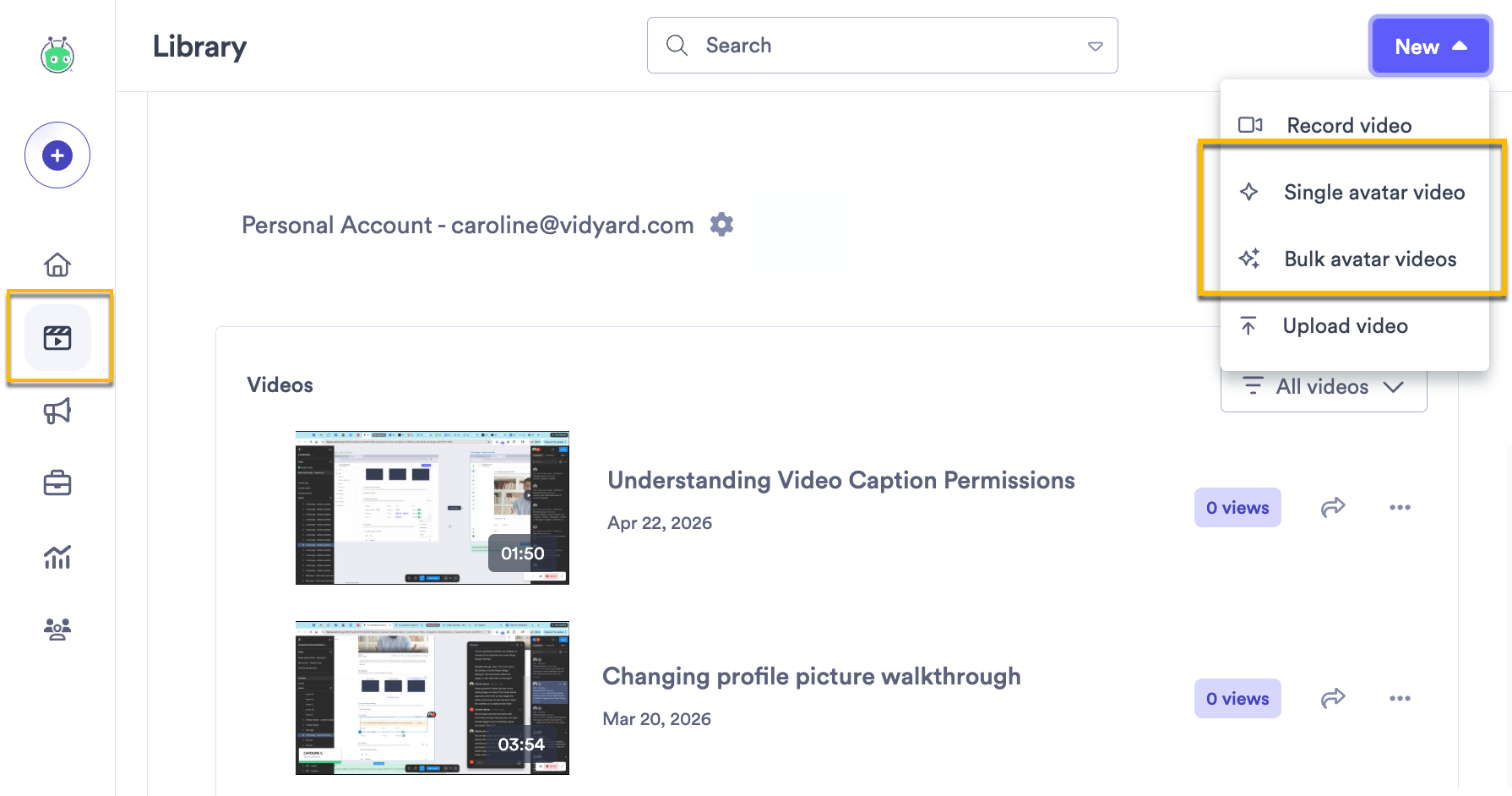 Vidyard library with new button selected and avatar video options highlighted