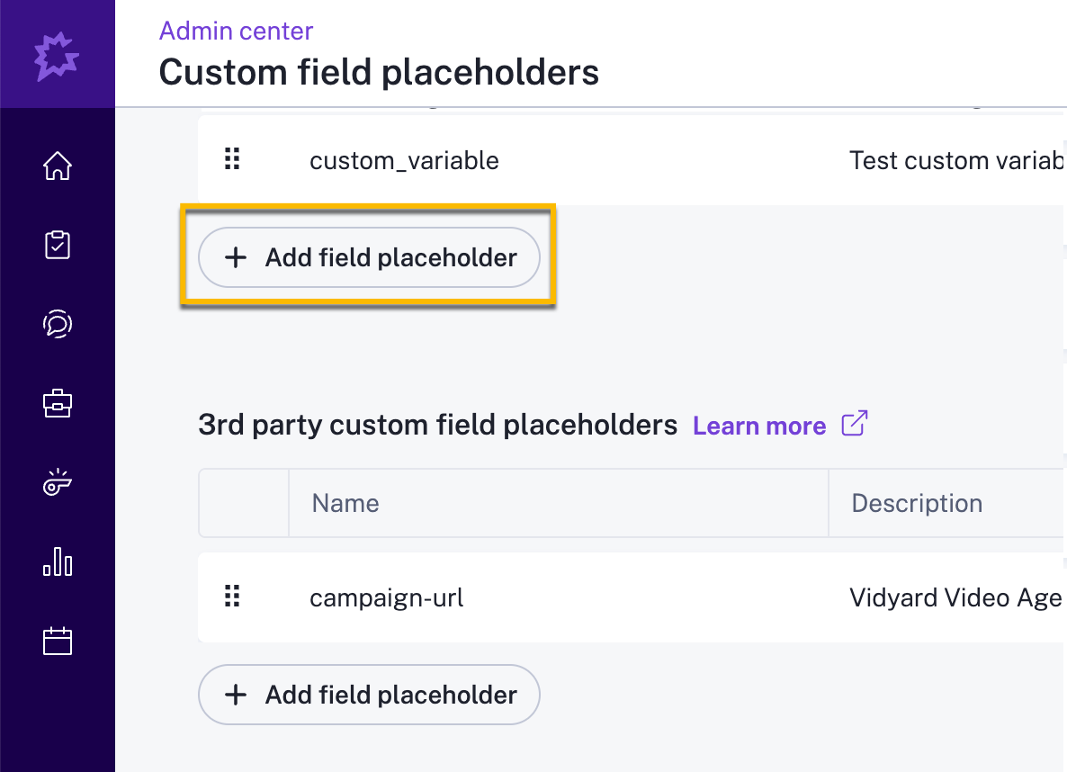 Gong custom field placeholder page with button to add field placeholder selected