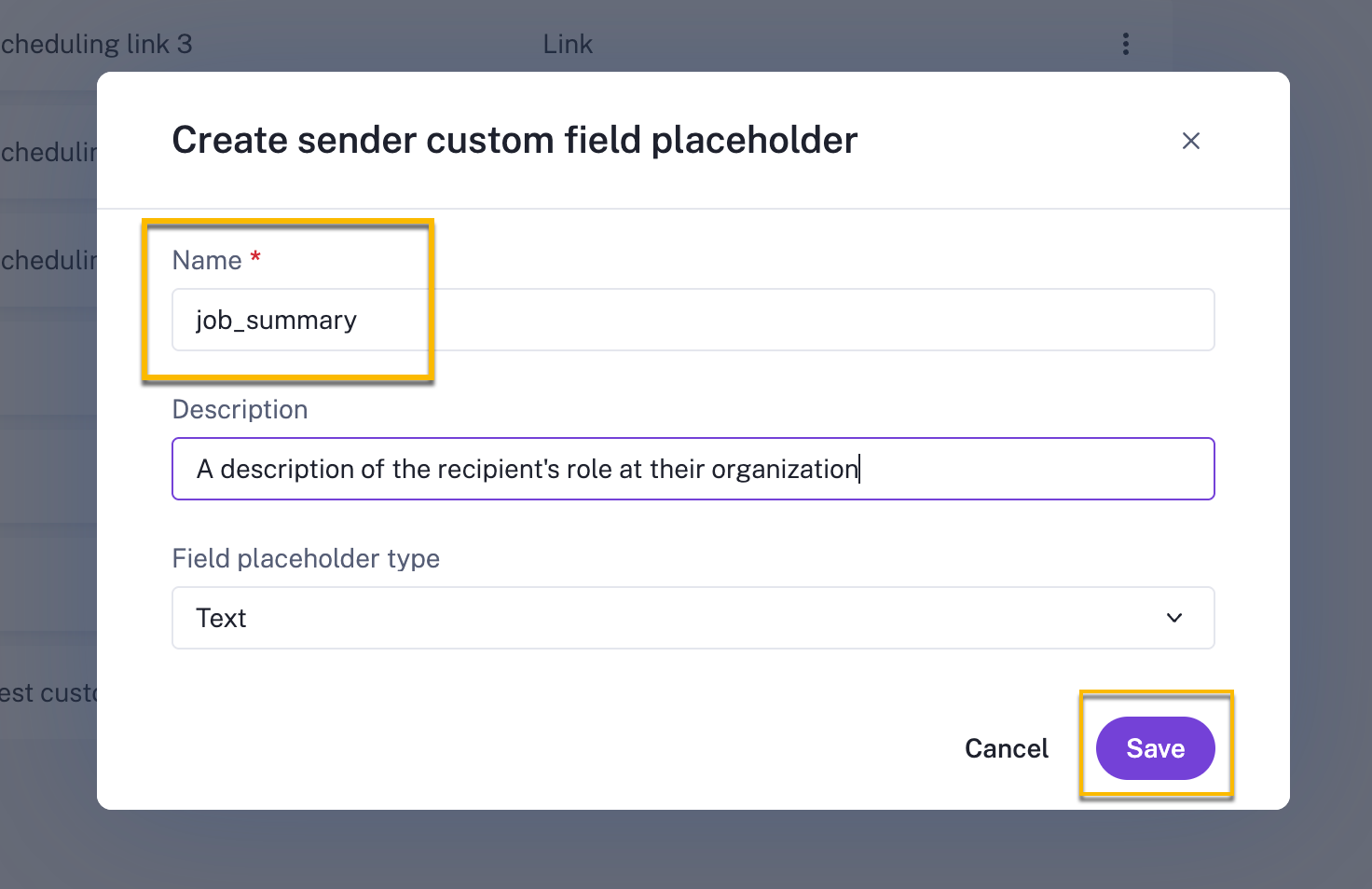 Gong custom field placeholder with name, description, and type filled out
