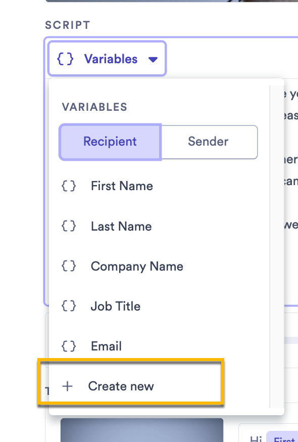 Vidyard variable dropdown menu with option to create new variable selected