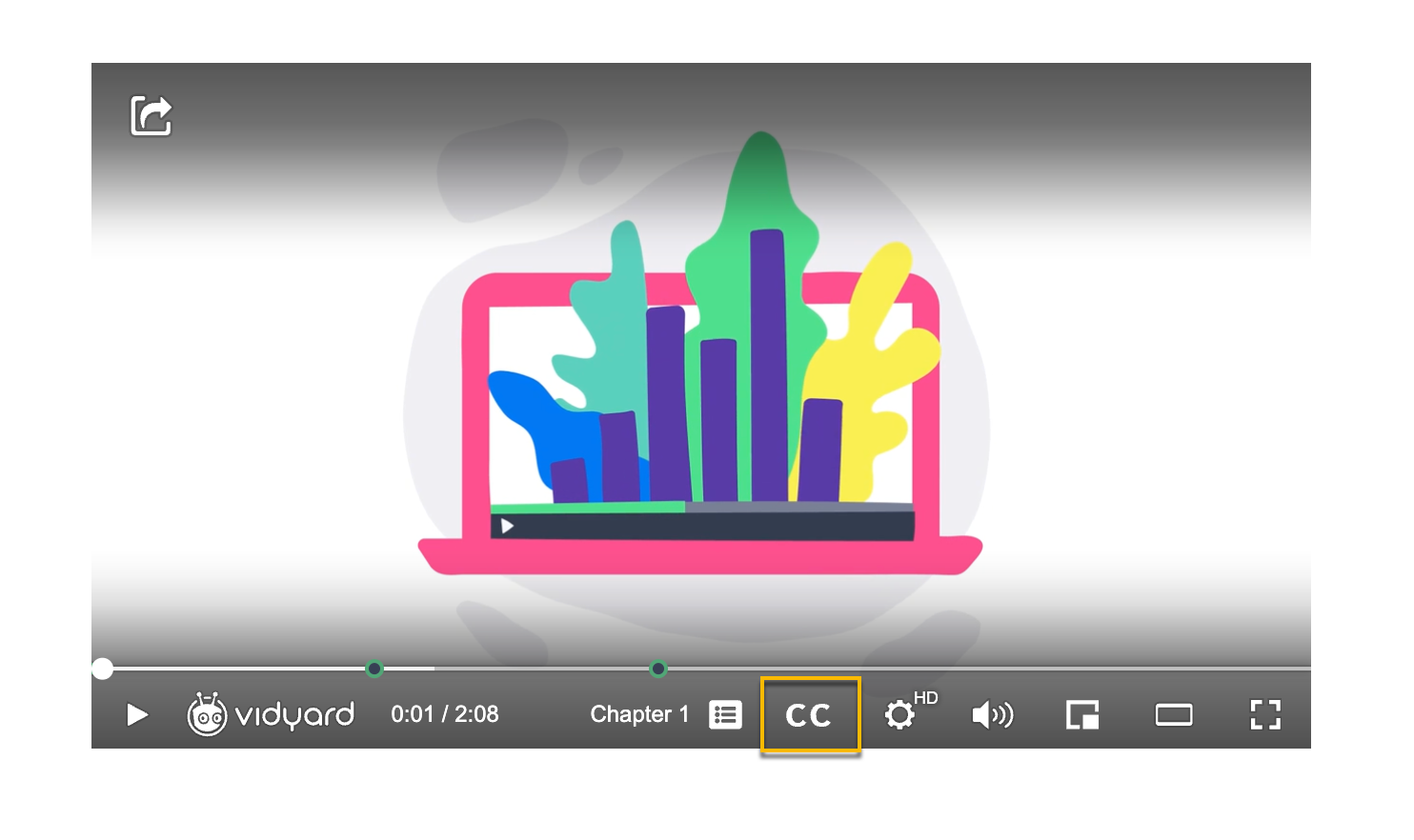 Vidyard video player with button to enable captions highlighted