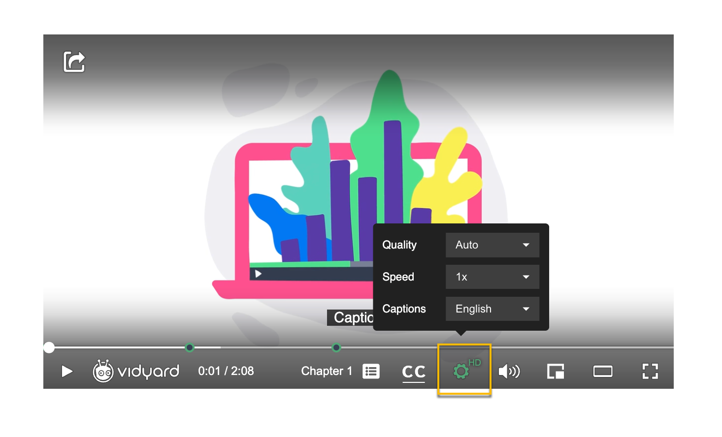 Vidyard video player with video settings button highlighted and settings menu displayed
