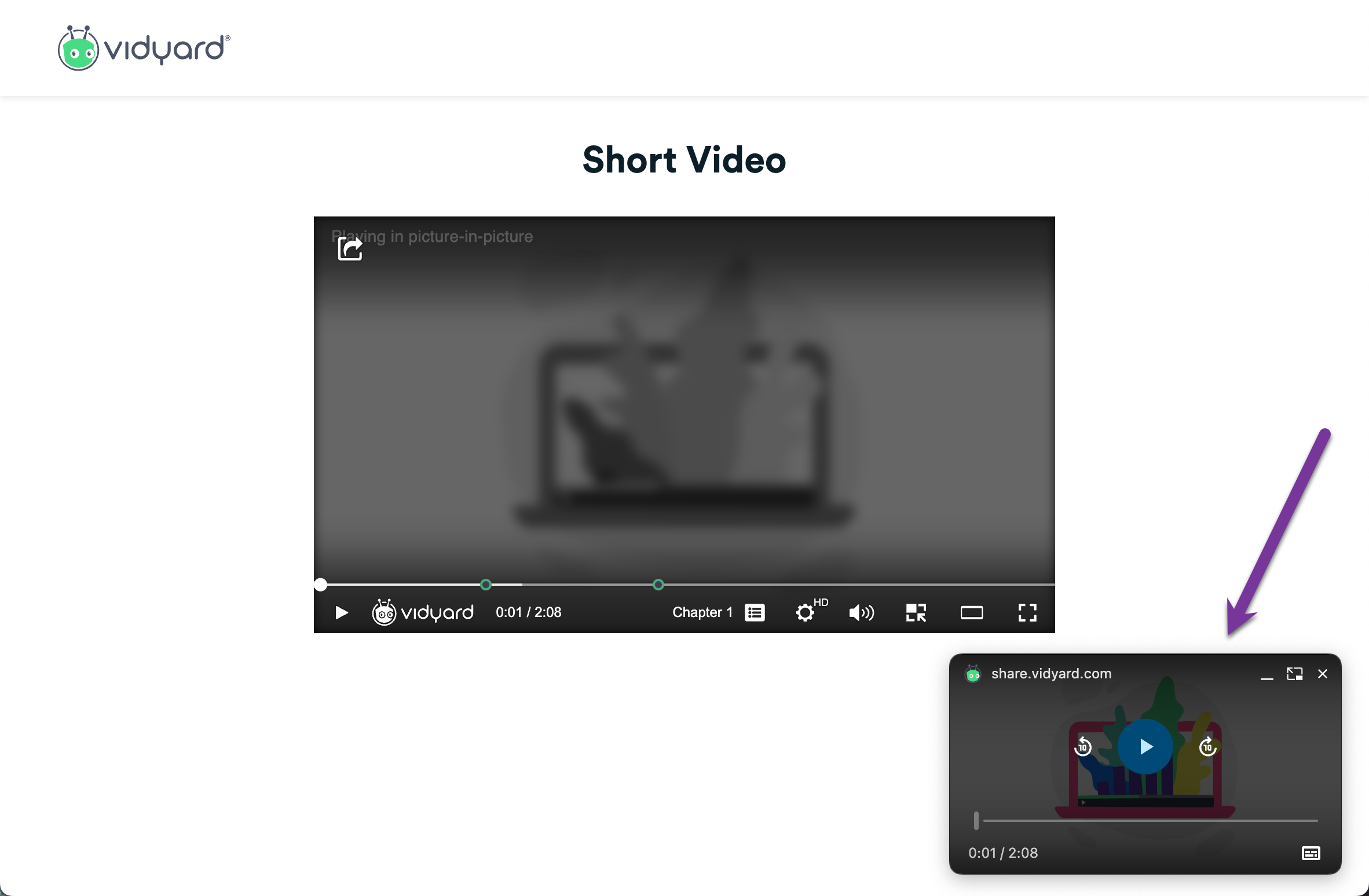 Example of Vidyard video in picture-in-picture mode with video pop-up visible at bottom of screen