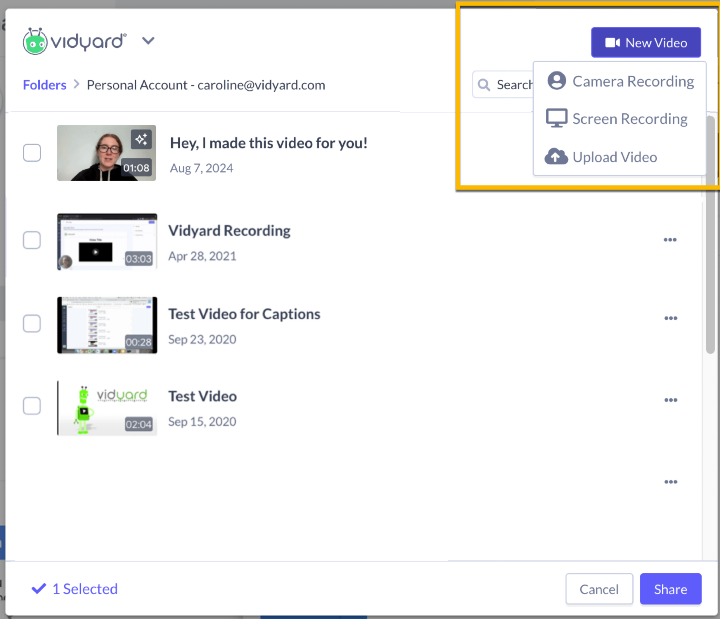 Vidyard app in HubSpot open with options for creating new video recording highlighted