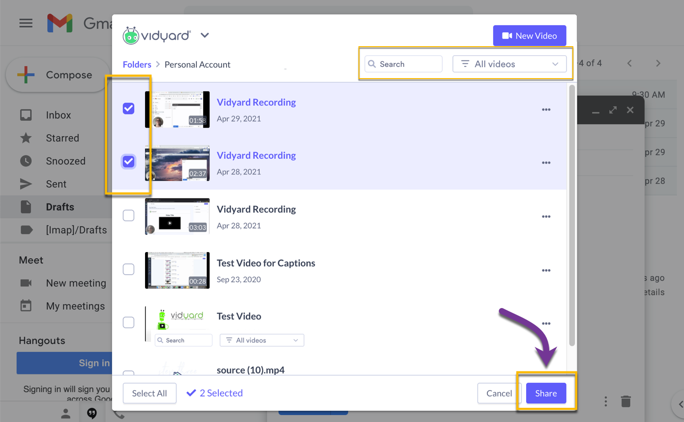 Vidyard add-in with several videos selected, search and filter buttons highlighted, and focus on insert button to add video to email