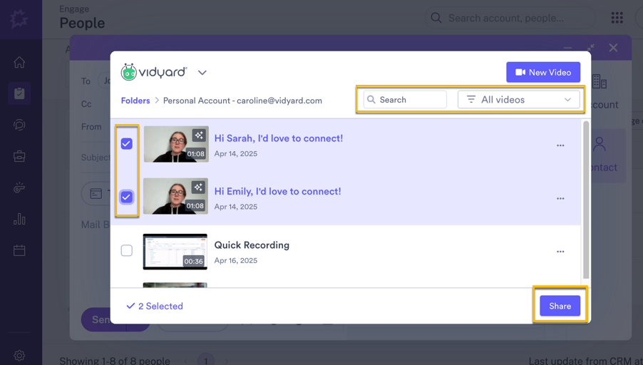 Selecting videos from your Vidyard library to add into a Gong email