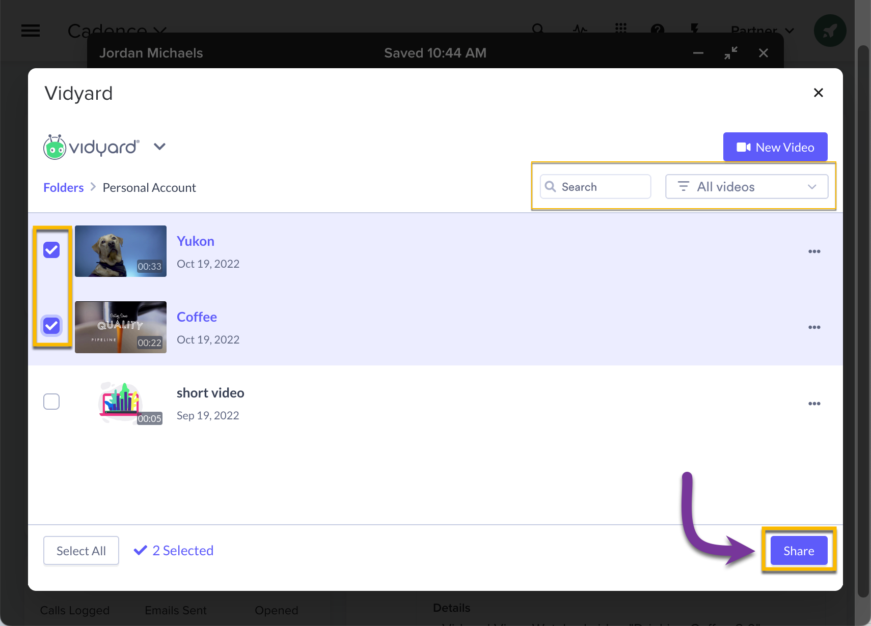 Selecting videos from your Vidyard library to add into the Salesloft email