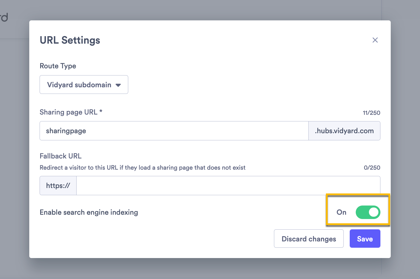 Enabling search engine indexing in a sharing page's URL settings