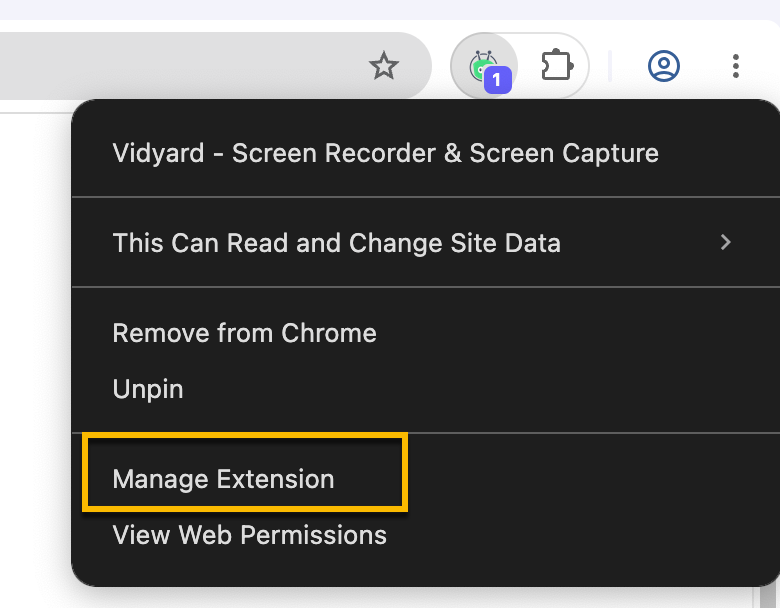 Menu window open for Vidyard browser extension with manage extension option selected